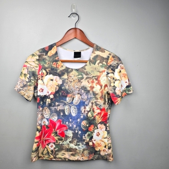 Source Unknown Tops - Vintage Art To Wear Stretchy Blouse Floral Multi-colored Womens Size M Petite‎